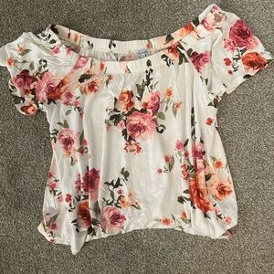 Kismet Floral Off-Shoulder Top - White with Pink & Orange Roses